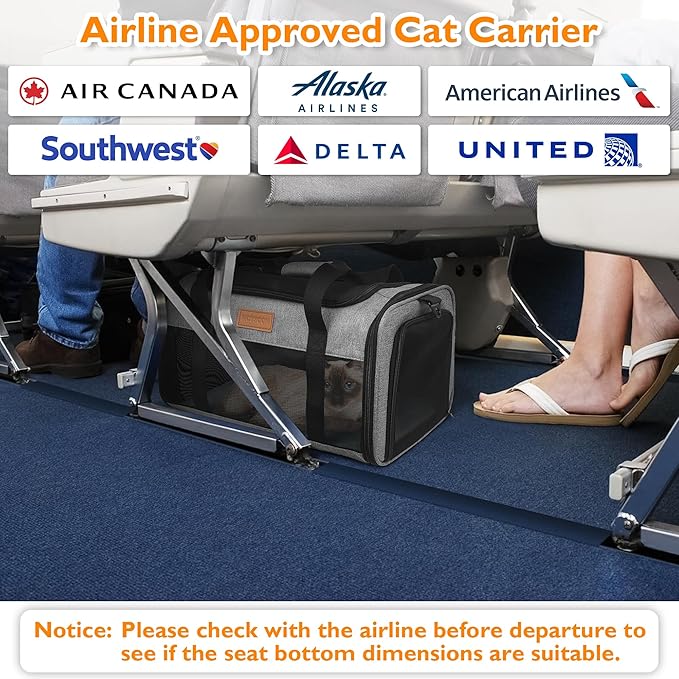 PETUX TSA Approved Pet Carrier in Cabin, 17"x11"x9.5" Soft Cat Carriers for Small Cat up to 12 lb, Top-Open Portable and Breathable Pet Carrier Airline Approved for Travel and Vet Visit, Grey
