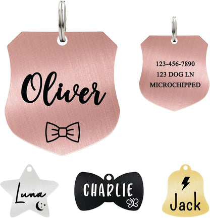 Ultra Joys Cat ID Tag Personalized Pet Tags, Durable Stainless Steel Small Pet Mini Dog Cat Tag Lightweight - Shield Tag in Rose Gold
