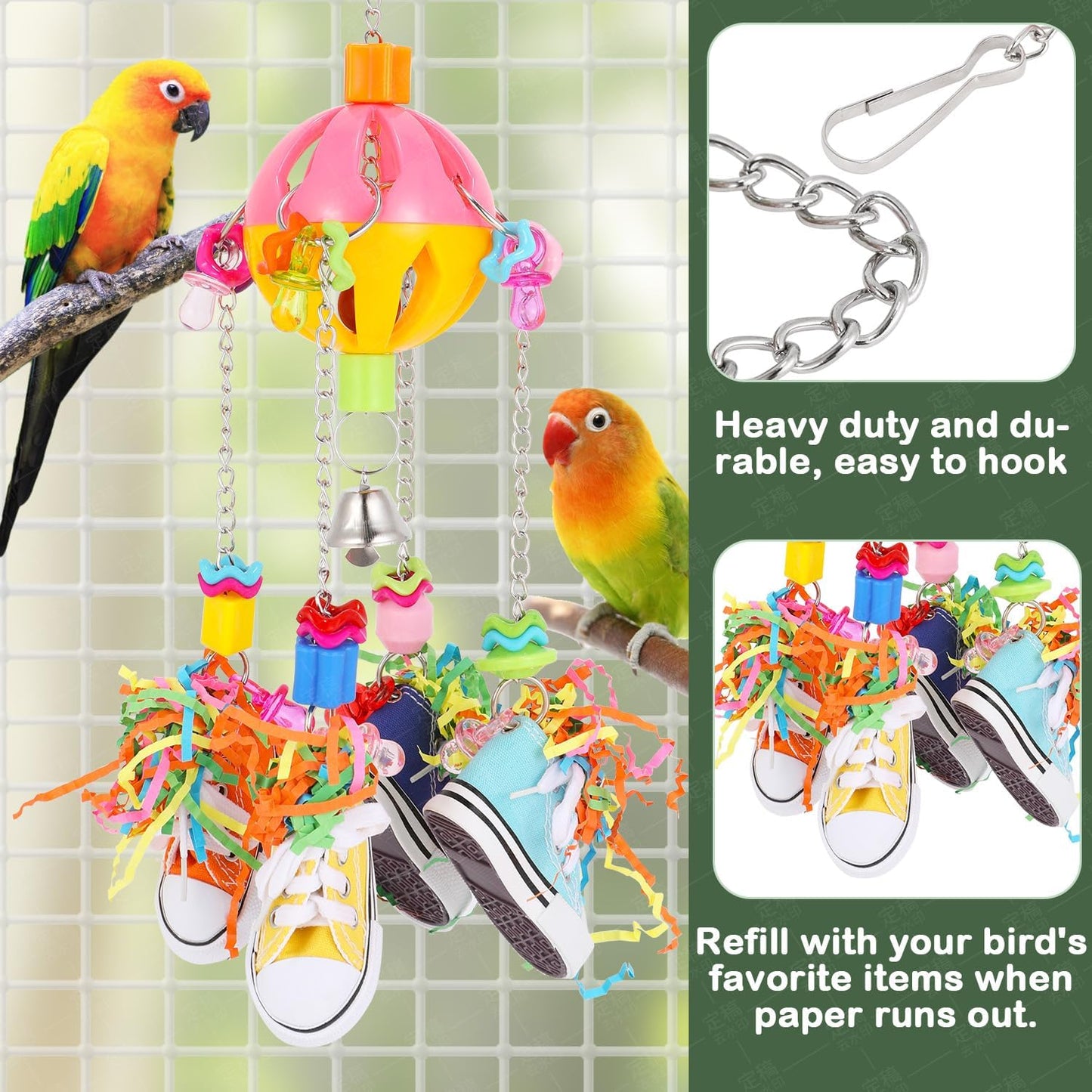 Bird Toys for Parrots and Conures, Colorful Chew Sneakers, Bell Balls, Acrylic Pacifiers, Durable Toys for Small and Medium Birds, Hanging Bird Cage
