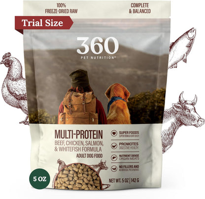 360 Pet Nutrition Freeze-Dried Raw Dog Food – Multi-Protein with Beef, Chicken, Fish, Liver & Organs, High Protein, Omega-3s, Fruits, Veggies & Superfoods, Grain-Free, No Fillers, 5 oz – Made in USA