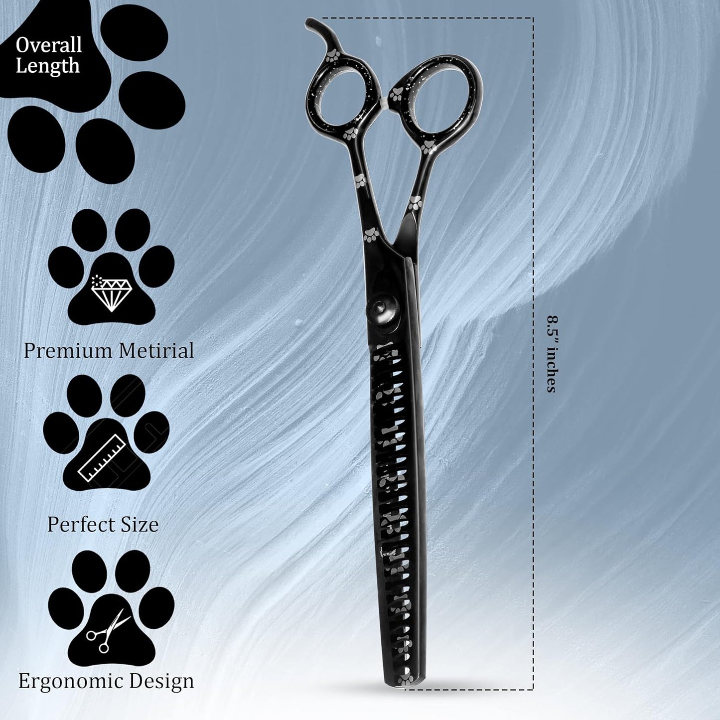 Professional Dog Grooming Chunker Shears/Scissors with Paw Prints for Dogs, Cats & Pets (Right Handed, Black, Stainless Steel 8 Inch)
