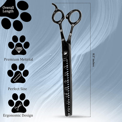 Professional Dog Grooming Chunker Shears/Scissors with Paw Prints for Dogs, Cats & Pets (Right Handed, Black, Stainless Steel 8 Inch)