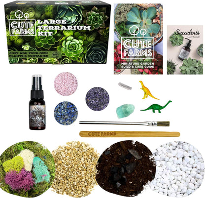Cute Farms Terrarium Starter Kit | Moss, Vermiculite, Soil, Pebbles, Plant Food, & Finishing Tools (Large Kit + Crystals)