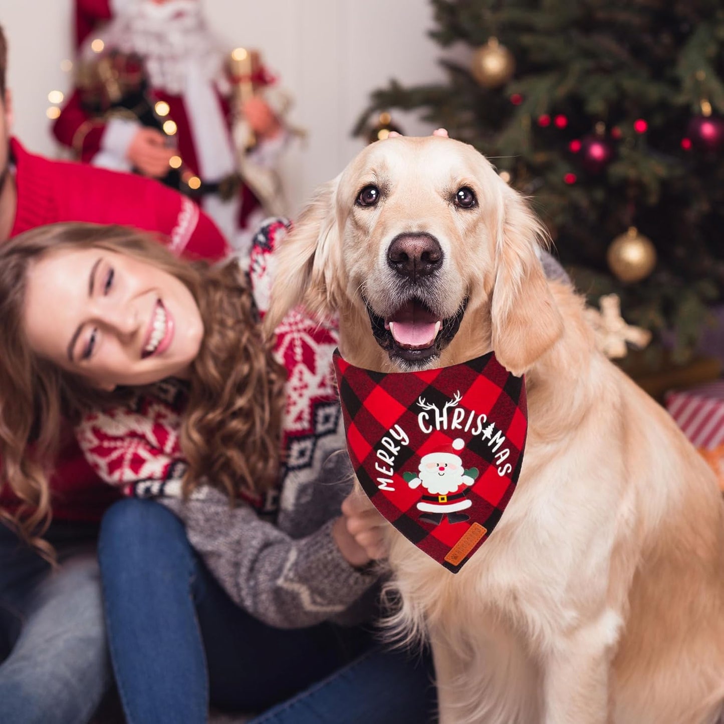 ADOGGYGO Christmas Dog Bandanas, Red Green Plaid Pet Scarf, Premium Cotton Fabric, Xmas Santa Snowman Christmas Bandanas for Extra Large Dogs Pets (X-Large)