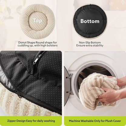 MIXJOY Dog Bed Medium Size Dogs, Washable Medium Dogs Bed with Removable Cover, Cozy Donut Dog Ded Fluffy Plush Faux Fur Pet Bed with Anti-Slip Bottom, 30"x30"x8", White