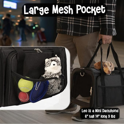 Pet Carrier with Wheels | Delta American Frontier Airline Approved | Two Expandable Sides, Storage Pockets Adjustable Leash | Rolling Dog and Cat Carrier TSA Compliant (Light Grey 17x12.5x11)