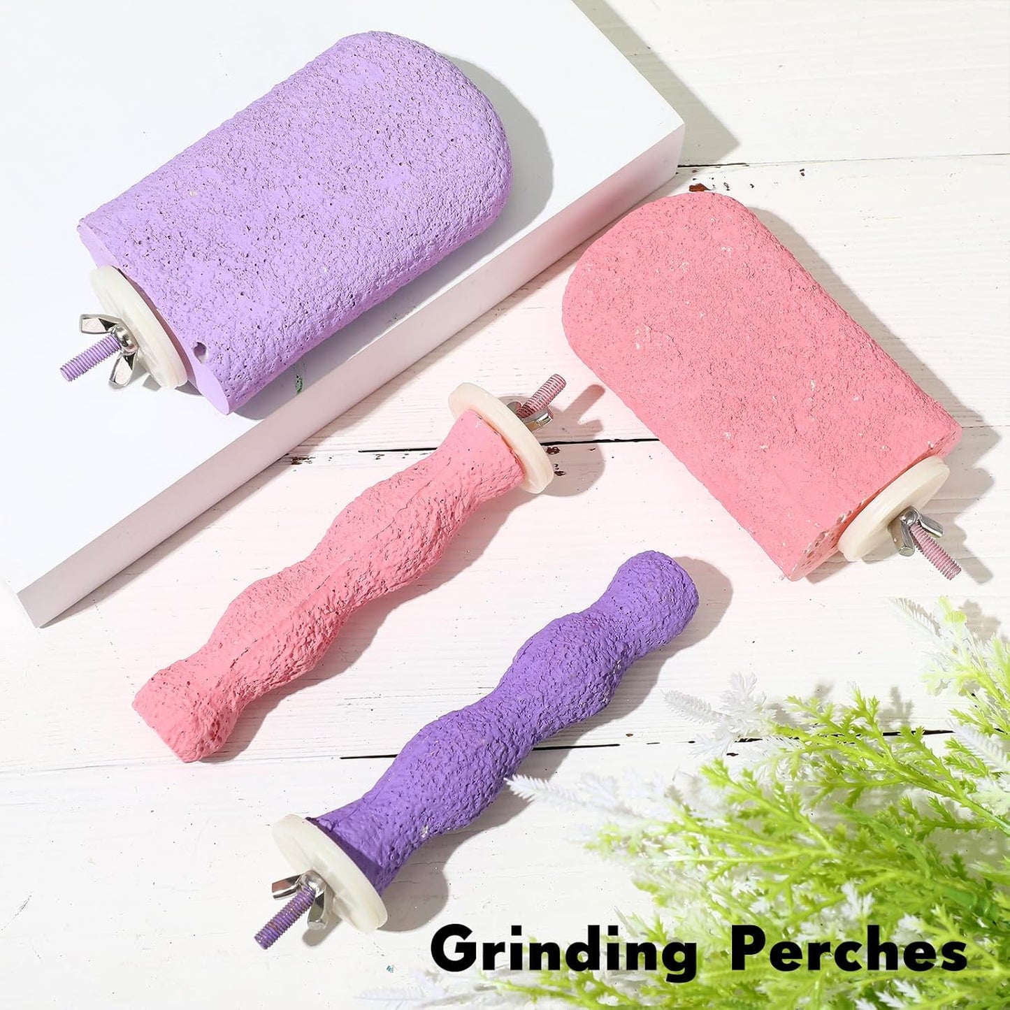 Soulchen 4 Pcs Bird Beak Grinding Calcium Stone Perches Parrot Teeth Mouth Molar Cage Accessories Platform Paw Grinding Sticks Jumping Stand for Macaws Parakeets Finches Cockatiel (Purple,Pink)