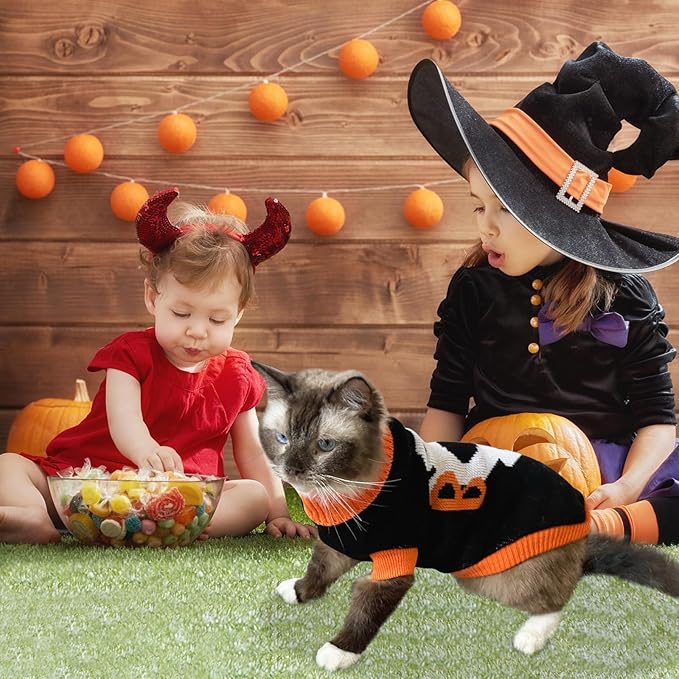 2Pcs Halloween Dog Sweaters Kitten Cat Knitwear Puppy Cat Halloween Pumpkin Ghost Sweater Pet Halloween Sweater Clothes Outfit Costume for Kittens Cats Puppies Small Medium Dogs XL