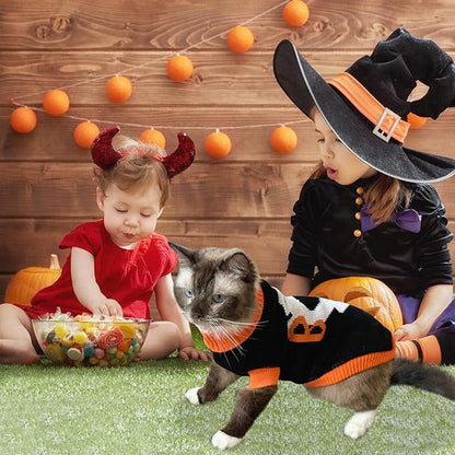 2Pcs Halloween Dog Sweaters Kitten Cat Knitwear Puppy Cat Halloween Pumpkin Ghost Sweater Pet Halloween Sweater Clothes Outfit Costume for Kittens Cats Puppies Small Medium Dogs XL
