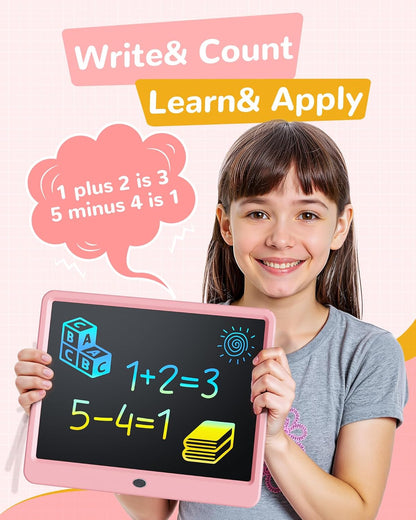 KOKODI LCD Writing Tablet, 12 Inch Colorful Toddler Doodle Board Drawing Tablet, Erasable Reusable Electronic Drawing Pads, Educational and Learning Toy for 3-6 Years Old Boy and Girls(Pink)