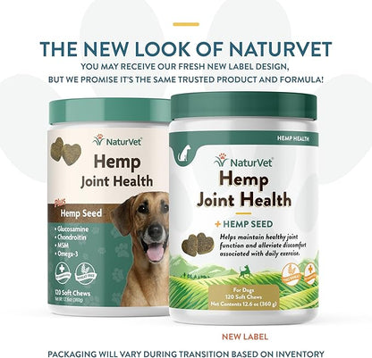 NaturVet – Hemp Joint Health For Dogs - Plus Hemp Seed | Supports Overall Joint Health | Enhanced with Glucosamine, MSM, Chondroitin & Antioxidants | 120 Soft Chews