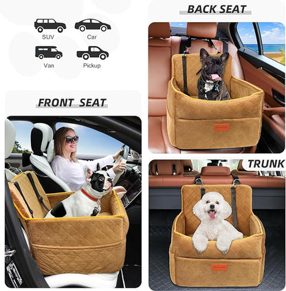 Dog Car Seat for Small Medium Dogs, Memory Foam Dog Booster Seats with Thick Cushion for Dogs Under 35lbs, Detachable Washable Pet Car Seat Travel Bed with Storage Pockets,2 Safety Belt