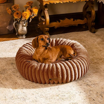 MEWOOFUN Donut Dog Beds for Small Dog, Calming Bed Round Cute Puppy Bed with Non-Slip Bottom, Fluffy Washable Pet Bed for Puppy and Kitten (Dark Brown, M (30x30x8))