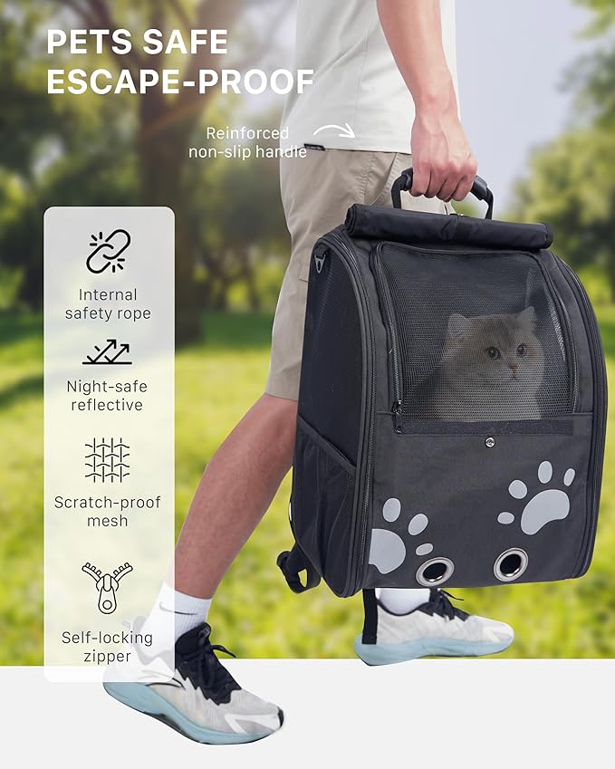Cat Backpack Carrier with Comfort Handle, Ventilated Cat Backpack with Reflective Strips, Foldable Cat Carrying Backpack for Cats up to 17 lbs and Small Dogs up to 13 lbs(Black).
