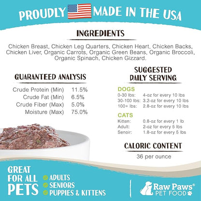 Raw Paws Signature Blend Pet Food for Dogs & Cats - Chicken & Vegetable Recipe, 1-lb Rolls (20 Pack) - Freshly Made in USA - Raw Diet Cat Food - Raw Frozen Dog Food - Fresh Dog Food Log