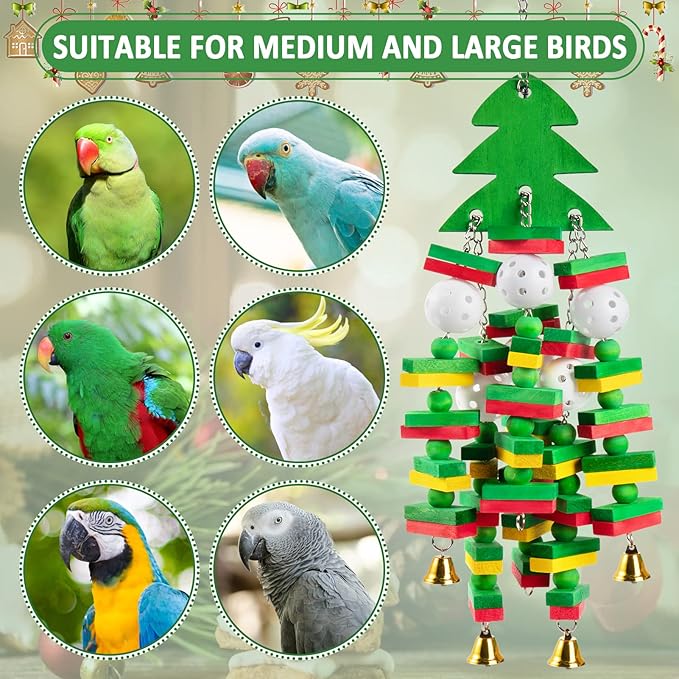 Christmas Large Bird Toy - Natural Wooden Parrots Toy with Colorful Edible Blocks for Macaws African Grey Amazon Parrots Cockatoos, Bird Chewing Toy for Gifts Playing(Green)