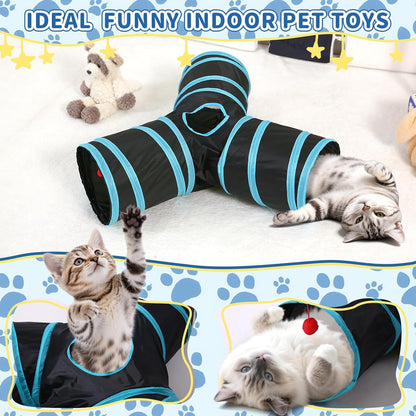 Pet Cat Tunnel, Y-3 Way Tunnels for Indoor Cats, Collapsible Pet Tunnel for Kitten, Puppy, Rabbit, 25cm-Wide Tunnels, Durable & Breathable, with Peek Hole Toy Ball