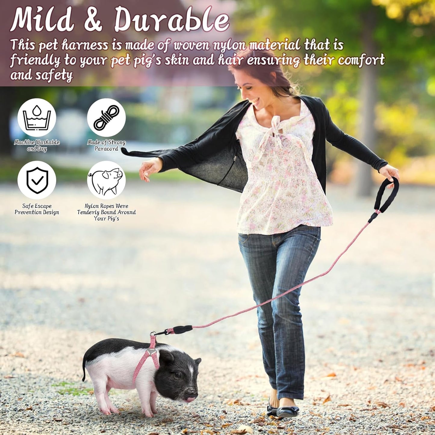 Mini Pig Harness, Adjustable Small Pig Harness with Leash Infinity Style Lead and Soft Foam Handle for Small to Medium Pet Pigs Walking Training Jogging (Pink, M)