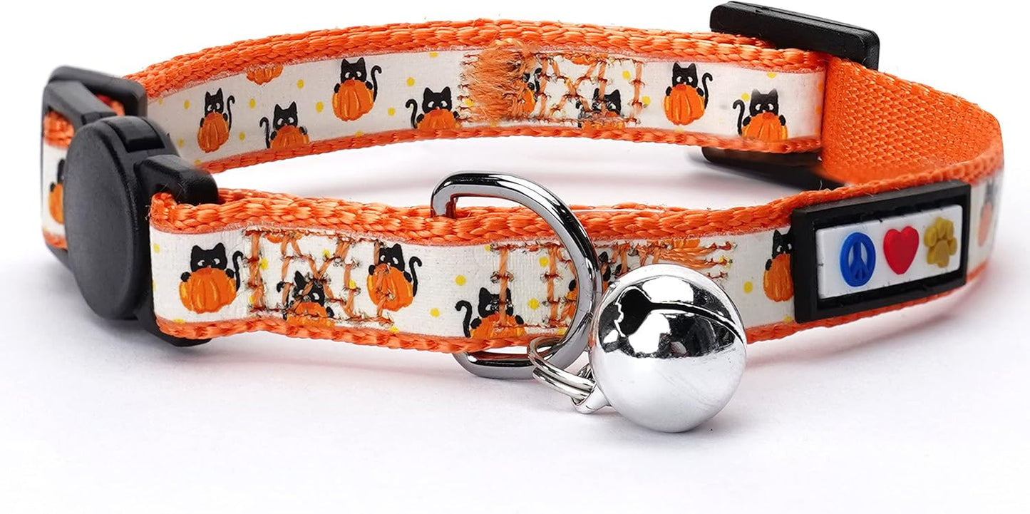 Pawtitas Halloween Cat Collars for Cats Adjustable Collar Glow in The Dark Feature and Safety Breakaway Buckle and Removable Bell to Match Your Halloween Cat's Costume - Orange Pumpkins Pattern