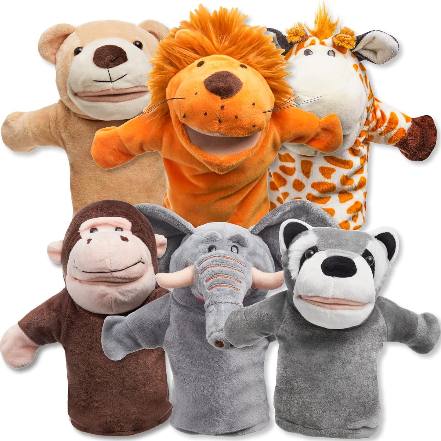 JOYIN 6Pcs Kids Hand Puppet Set with Working Mouth, Toddler Animal Plush Toy Includes Elephant, Giraffe, Lion, Bear, Raccoon and Monkey for Show Theater, Christmas Birthday Gifts for Kid