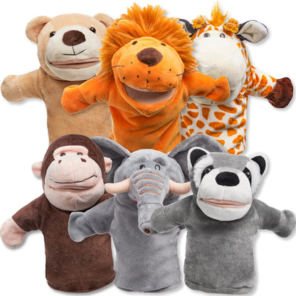 JOYIN 6Pcs Kids Hand Puppet Set with Working Mouth, Toddler Animal Plush Toy Includes Elephant, Giraffe, Lion, Bear, Raccoon and Monkey for Show Theater, Christmas Birthday Gifts for Kid