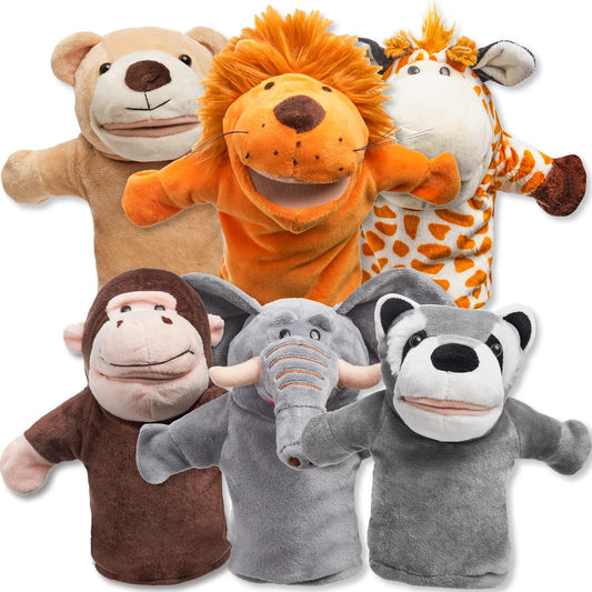 JOYIN 6Pcs Kids Hand Puppet Set with Working Mouth, Toddler Animal Plush Toy Includes Elephant, Giraffe, Lion, Bear, Raccoon and Monkey for Show Theater, Christmas Birthday Gifts for Kid