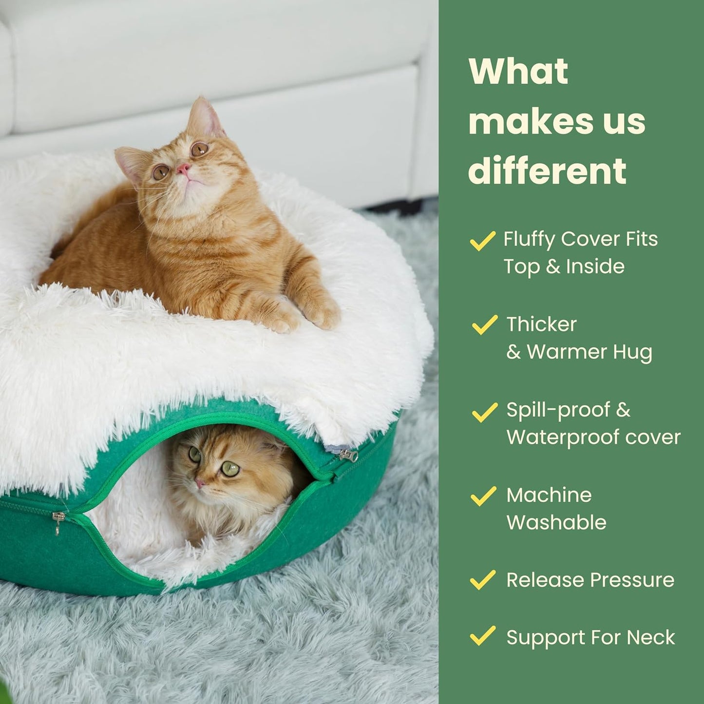 CATTASAURUS Peekaboo Cat Cave for Multiple & Large Cats Up to 30-45 Lbs, Fluffy Cat Beds & Furniture, Scratch Detachable & Washable Tunnel Bed, Comfy Donut Bed (Forest Green, Large (Calming))