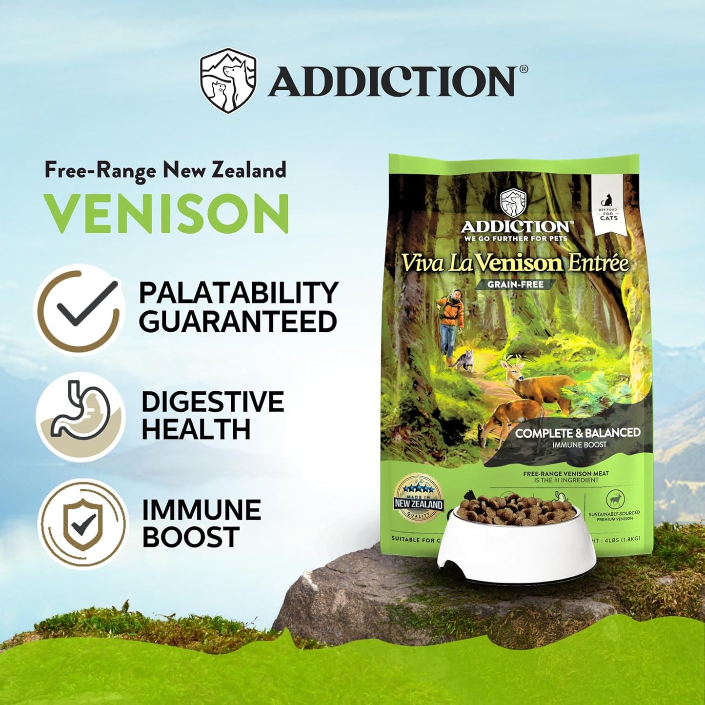 Addiction Viva La Venison Grain-Free Dry Cat Food - with Premium Venison to Support Muscle Development & Maintenance - High-Protein Recipe with Chicken & Low Carb - Made in New Zealand 4lb (4-pk)