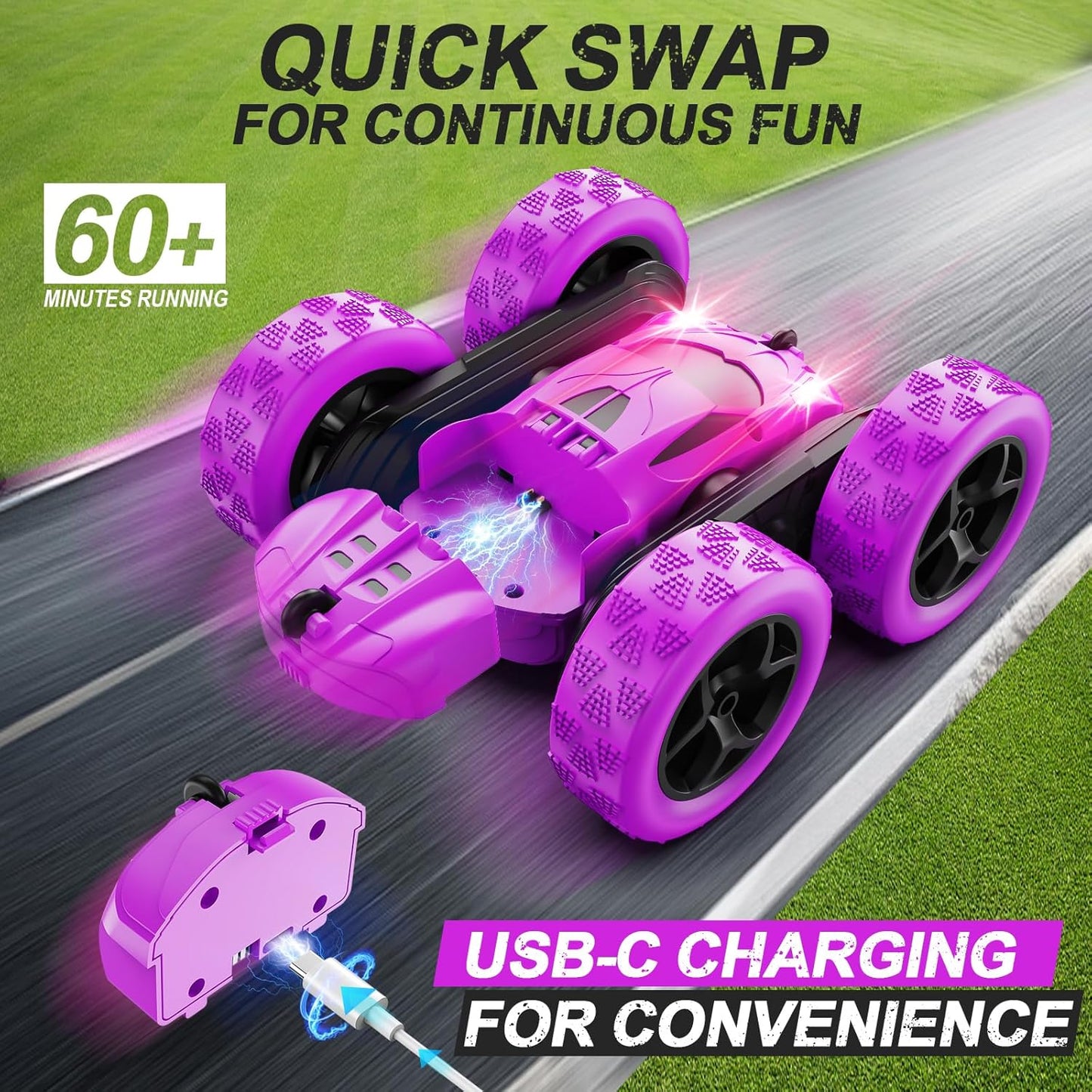 RC Cars, Purple Remote Control Car for Girls, 2.4 GHZ Double Sided RC Stunt Car 360° Rotating Remote Control Crawler with Headlights Car Toys for 6 7 8 9 10 11 12 Girls Birthday Gift