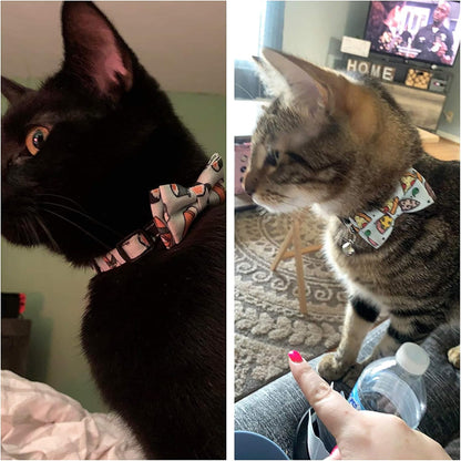 ADOGGYGO Cat Collar Breakaway with Bow Tie Bell - 2 Pack Kitten Collar with Removable Bowtie, Sushi Pizza Bowtie Collar for Cats Kittens (6.5"- 8.5")