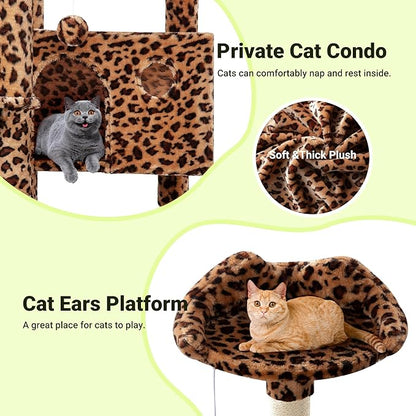 Allewie 64 Inches Cat Tree Tower/Multi-Level Activity Center for Indoor Big Felines/2 Plush Condos/2 Perchs/Basket/House/Sisal Scratching Posts/Hanging Cat Toys/Leopard Print