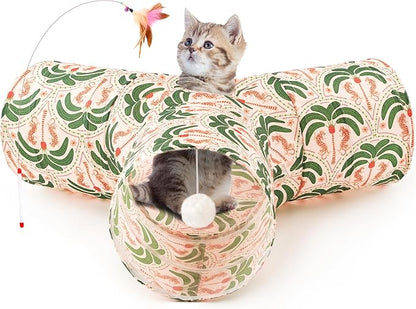 Tempcore Pet Cat Tunnel Tube Cat Toys 3 Way Collapsible, Cat Tunnels for Indoor Cats，Kitty Tunnel Bored Pet Toys Peek Hole Toy Ball Puppy, Kitty, Kitten, Rabbit Khaki Coconut Tree