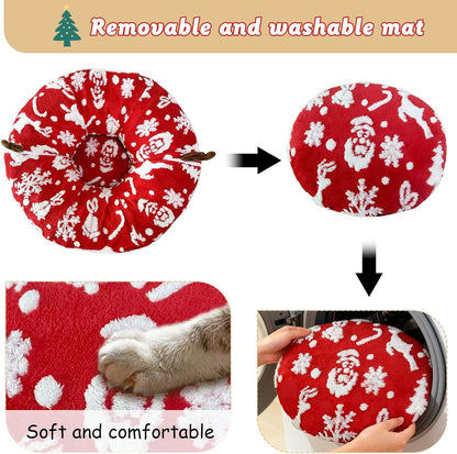 Cat Tunnel Bed for Indoor Cats, Soft Plush Donut Peekaboo Cat Cave, Multifunctional Playground Toy for Small Medium Large Cats, Kittens, Rabbits, Ferrets, with Washable Cushion (Christmas Red)