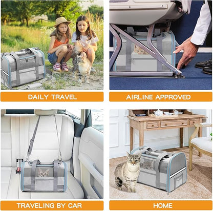Cat Carrier Dog Carrier TSA Airline Approved for Small Dogs Cats Under 15 lbs, Collapsible Soft Sided Travel Pet Carrier for Puppy Kitten, Light Grey