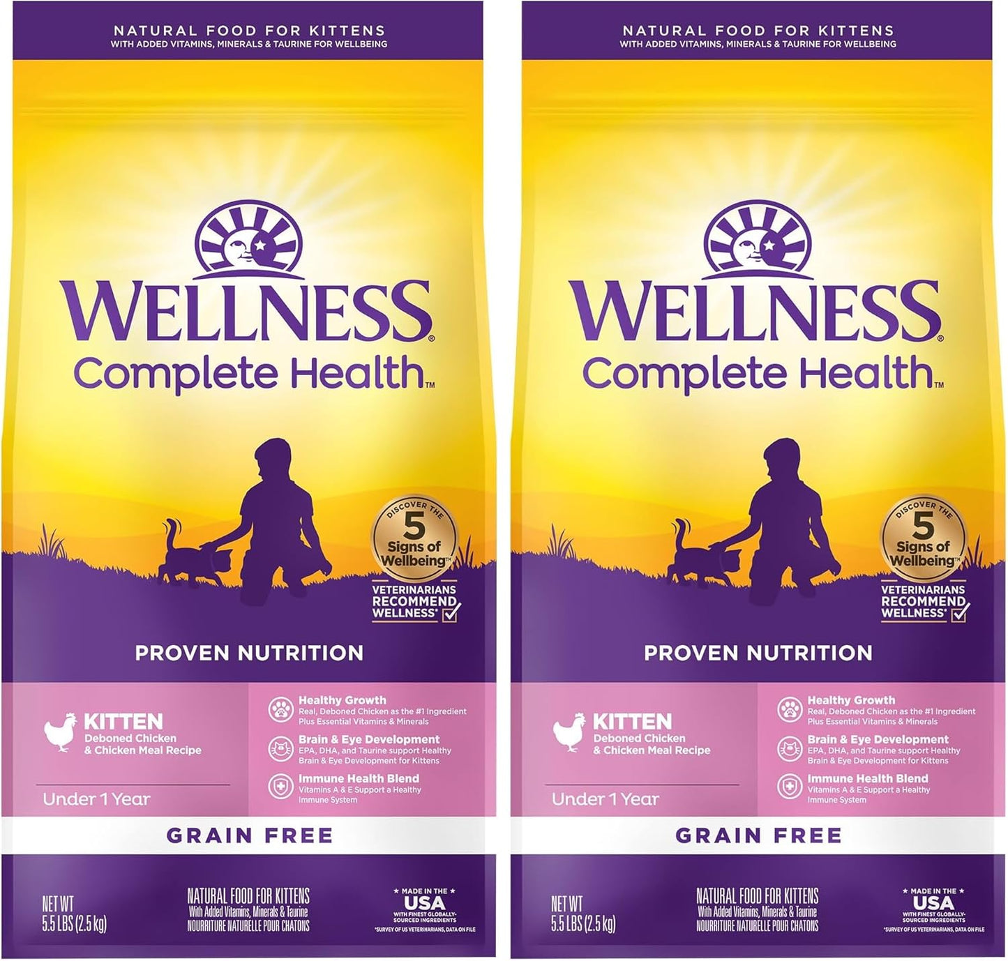 Wellness Natural Pet Food Complete Health Natural Grain Free Deboned Chicken & Chicken Meal Dry Kitten Food, 5.5 Pound Bag (Pack of 2)