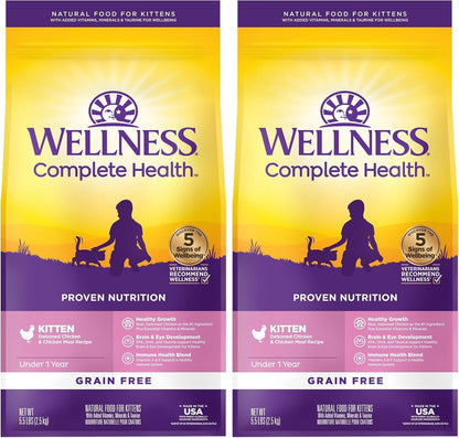 Wellness Natural Pet Food Complete Health Natural Grain Free Deboned Chicken & Chicken Meal Dry Kitten Food, 5.5 Pound Bag (Pack of 2)