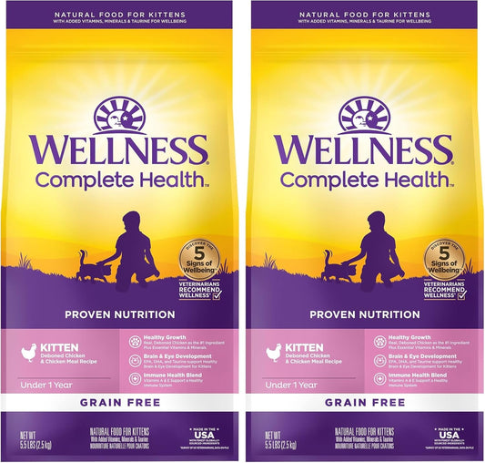 Wellness Natural Pet Food Complete Health Natural Grain Free Deboned Chicken & Chicken Meal Dry Kitten Food, 5.5 Pound Bag (Pack of 2)