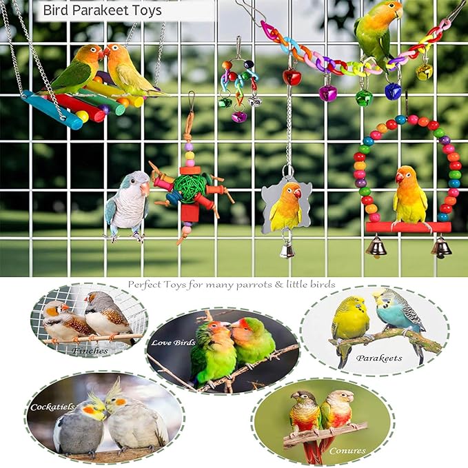 8 Pcs Parakeet Cockatiel Bird Toys, Parrots Cage Accessories Swing Wooden Perch Chewing Toy for Budgerigar, Conures, Love Birds, Finches, Budgies