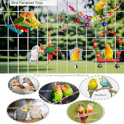 8 Pcs Parakeet Cockatiel Bird Toys, Parrots Cage Accessories Swing Wooden Perch Chewing Toy for Budgerigar, Conures, Love Birds, Finches, Budgies
