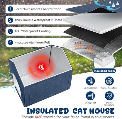 Insulated Outdoor Cat House Weatherproof, Winter Cat Houses for Outdoor Cats with Heated-Foil, Waterproof Feral Stray Cat Shelter with Warm Mat and Door Curtain, Easy to Assemble, Navy Blue