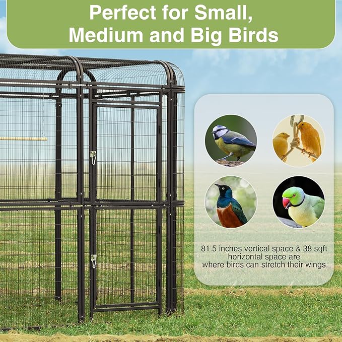 Large Walk-in Cage 87-inch Heavy Duty Bird Cage Outdoor Aviary Parrot Cage Wide Flight Metal Birdcage with Stand for Macaw Budgie Conure Lovebird Parakeet Cockatiel, 7.22x5.25x6.8ft, Black