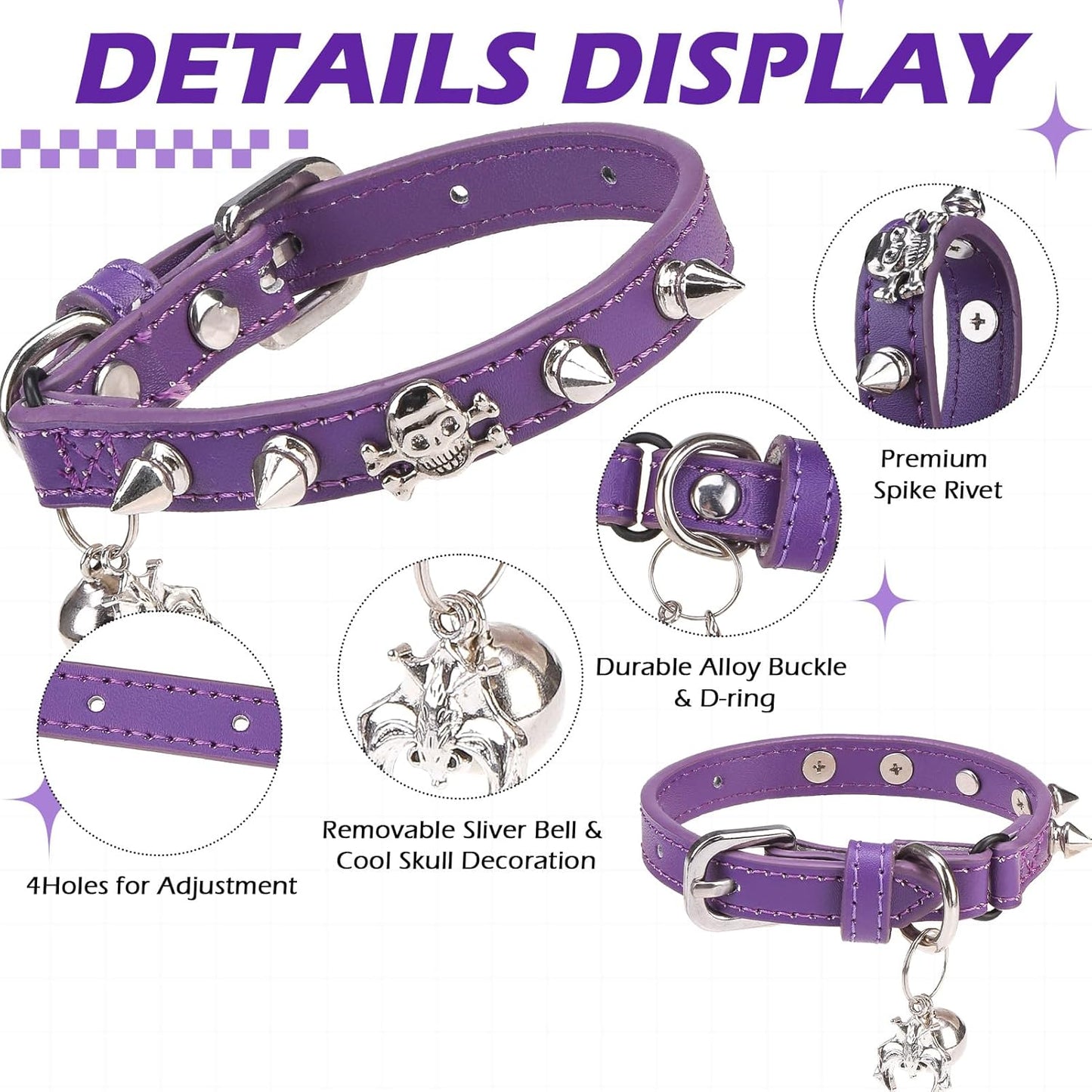 EXPAWLORER Leather Cat Collar for Girl Boy- Adjustable Pet Collar with Safety Elastic Belt,Personalized Punk Accessories Buckle Collars with Bell & Durable D-Ring, Rivet(Purple)