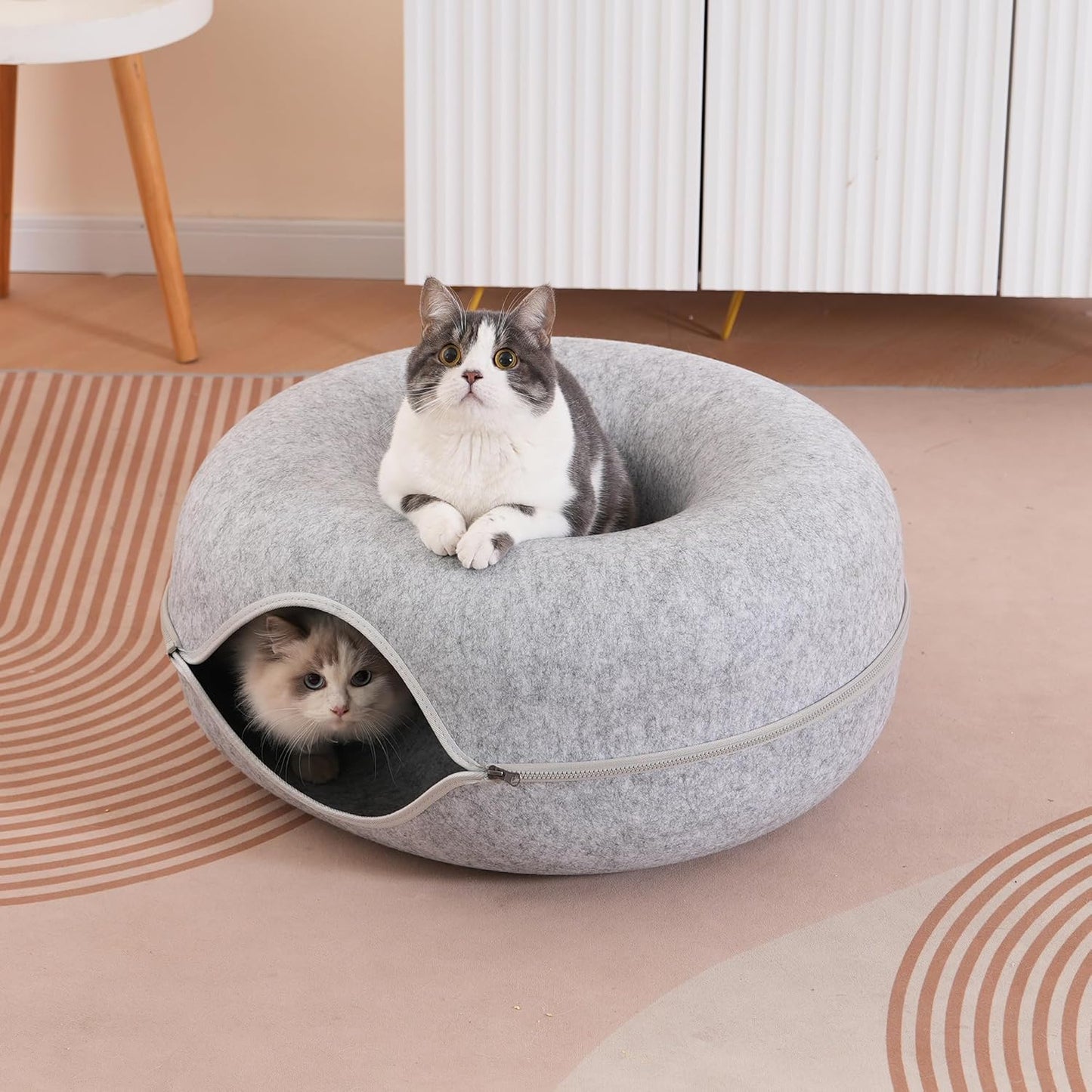 Large Cat Tunnel Bed for Indoor Cats with 3 Toys, Scratch Resistant Donut Cat Bed, Up to 30 Lbs (L 24x24x11, Light Grey)