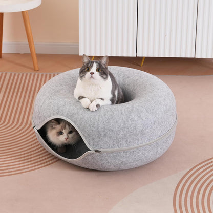Large Cat Tunnel Bed for Indoor Cats with 3 Toys, Scratch Resistant Donut Cat Bed, Up to 30 Lbs (L 24x24x11, Light Grey)