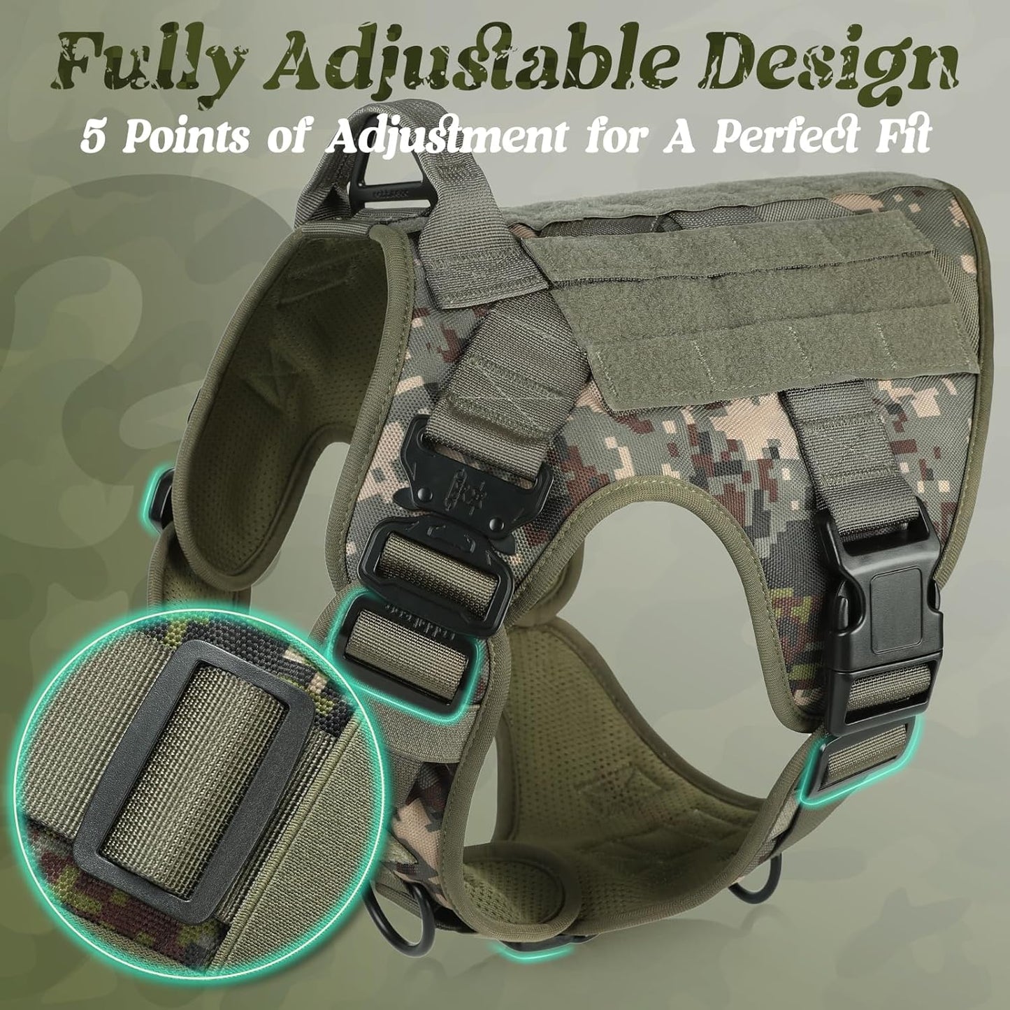 rabbitgoo Tactical Dog Harness for Small, Heavy Duty Pet Harness with Handle, No-Pull Service Vest Small Breed, Adjustable Military Dog Vest for Training Hunting Walking, Green Camo, S