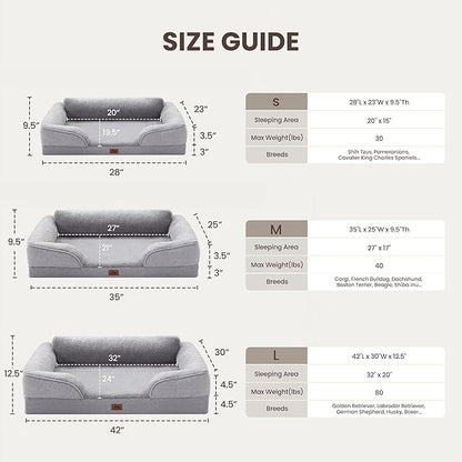 Orthopedic Dog Beds for Medium Size Dogs, Waterproof Egg-Crate Foam Pet Couch Bed with Soft Sides, Non-Slip Dog Sofa with Fleece Removable Washable Cover, 35"L Supportive Pet Sofa, Light Grey