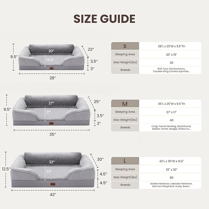 XL Orthopedic Dog Beds for Large Dogs, Waterproof Egg-Crate Foam Pet Couch Bed with Soft Sides, Non-Slip Dog Sofa with Fleece Removable Washable Cover, 42" L Supportive Pet Sofa, Light Grey
