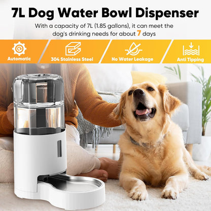 7L Automatic Dog Water Dispenser Bowl, Gravity Pet Water Dispenser with Stainless Steel Bowl, No Spilling Large Capacity Water Feeder for Dogs Cats (7L Without Filter Black)