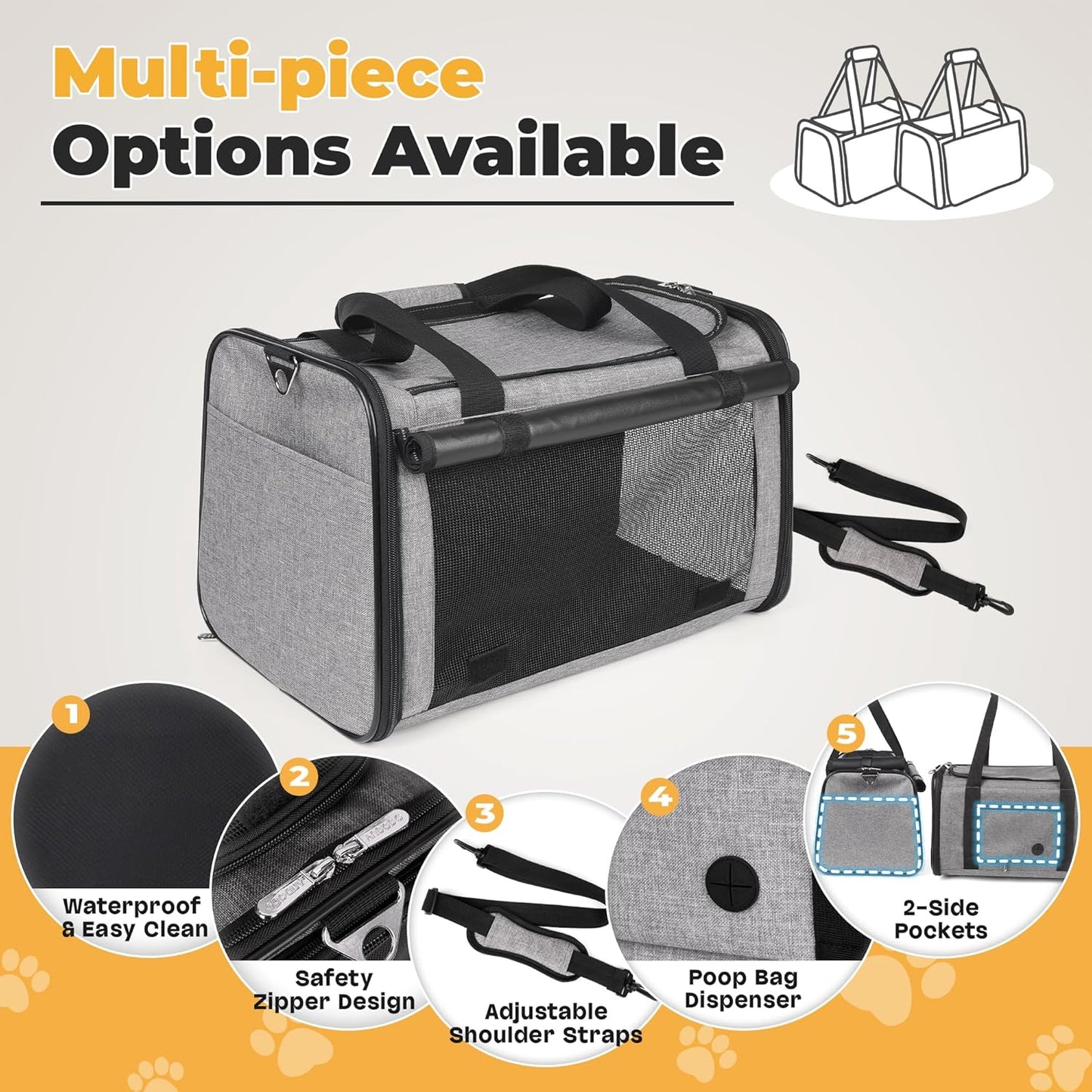 YUDODO 25 lbs Lightproof Soft Sided Large Cat Carrier for Small Dog Pet Airline Approved Travel Bag Puppy Carriers with Side Pockets & Reflective Mesh, Foldable Portable for Outdoor Car Grey