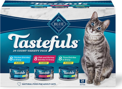 Blue Buffalo Tastefuls Natural Flaked Wet Cat Food Variety Pack, Tuna, Chicken and Fish & Shrimp Entrées in Gravy 3-oz Cans (24 Count)